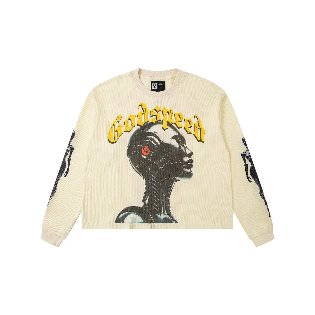 G11# GodSpeed ​​white ink direct spray long-sleeved waffle S-XL washed black P186 apricot P176