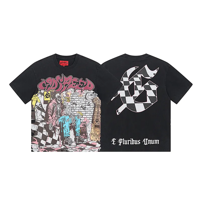 1036# P126 Washed Black Real Shot Godspeed American Fashion Rock Street Retro Washed Distressed Printed Pure Cotton Short Sleeves Fabric: 250g 32 Count Fine Cotton Double Yarn Pure Cotton Color: Washed Black Size: S M L XL