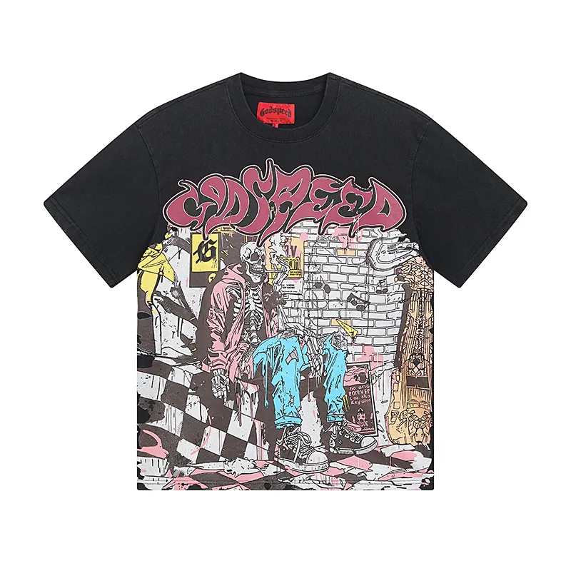 1036# P126 Washed Black Real Shot Godspeed American Fashion Rock Street Retro Washed Distressed Printed Pure Cotton Short Sleeves Fabric: 250g 32 Count Fine Cotton Double Yarn Pure Cotton Color: Washed Black Size: S M L XL