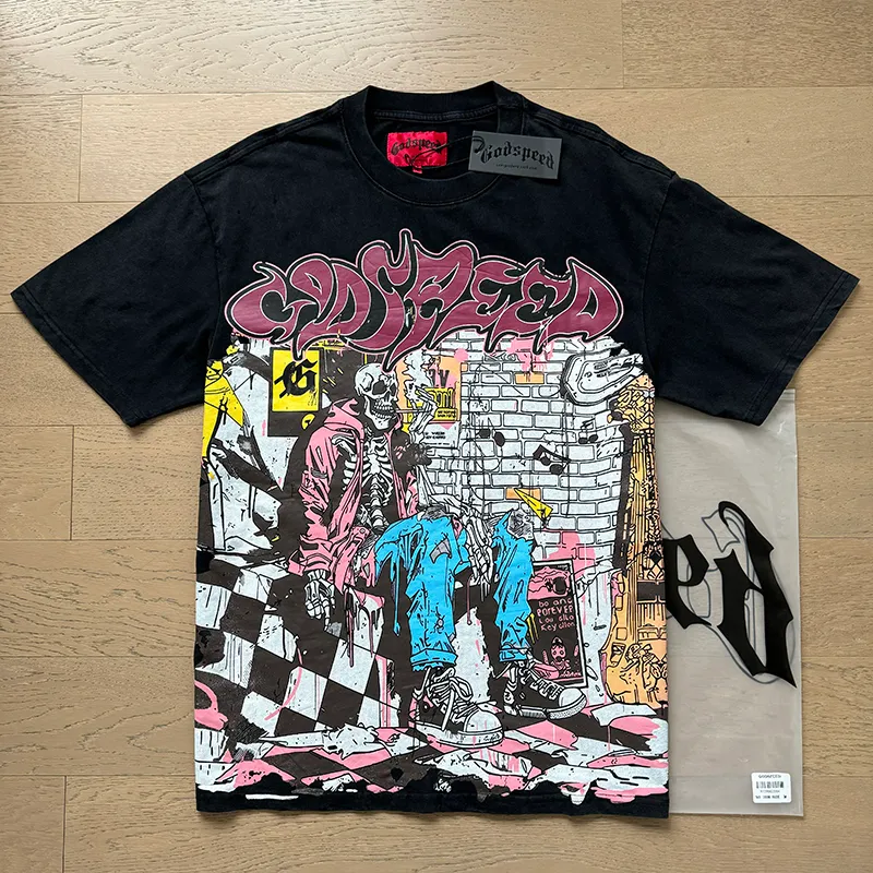 1036# P126 Washed Black Real Shot Godspeed American Fashion Rock Street Retro Washed Distressed Printed Pure Cotton Short Sleeves Fabric: 250g 32 Count Fine Cotton Double Yarn Pure Cotton Color: Washed Black Size: S M L XL