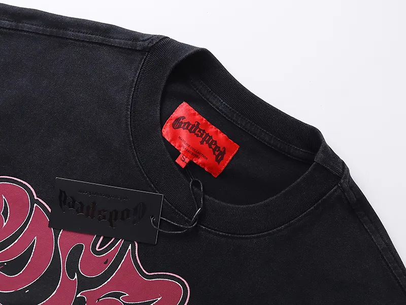 1036# P126 Washed Black Real Shot Godspeed American Fashion Rock Street Retro Washed Distressed Printed Pure Cotton Short Sleeves Fabric: 250g 32 Count Fine Cotton Double Yarn Pure Cotton Color: Washed Black Size: S M L XL