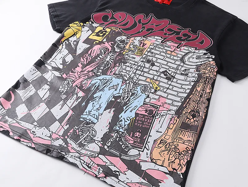 1036# P126 Washed Black Real Shot Godspeed American Fashion Rock Street Retro Washed Distressed Printed Pure Cotton Short Sleeves Fabric: 250g 32 Count Fine Cotton Double Yarn Pure Cotton Color: Washed Black Size: S M L XL