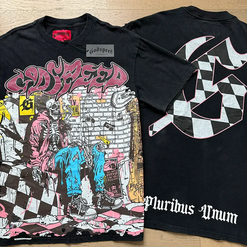 1036# P126 Washed Black Real Shot Godspeed American Fashion Rock Street Retro Washed Distressed Printed Pure Cotton Short Sleeves Fabric: 250g 32 Count Fine Cotton Double Yarn Pure Cotton Color: Washed Black Size: S M L XL