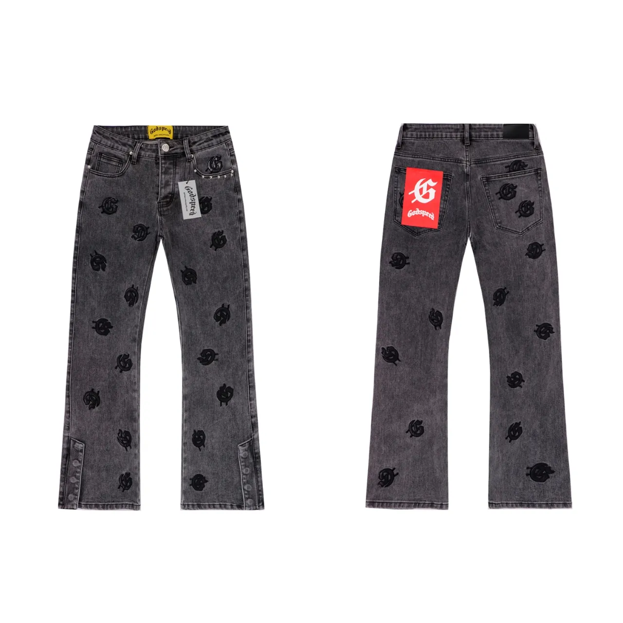 236💰Model No.: 8218 Fabric: Denim Real stock Godspeed embroidered denim trousers, loose trendy brand denim bootcut trousers Color: black denim blue (smoke ash not out) Size 28 (S) 30 (M) 32 (L) 34 (XL) 36 (XXL) 38 (XXXL)
