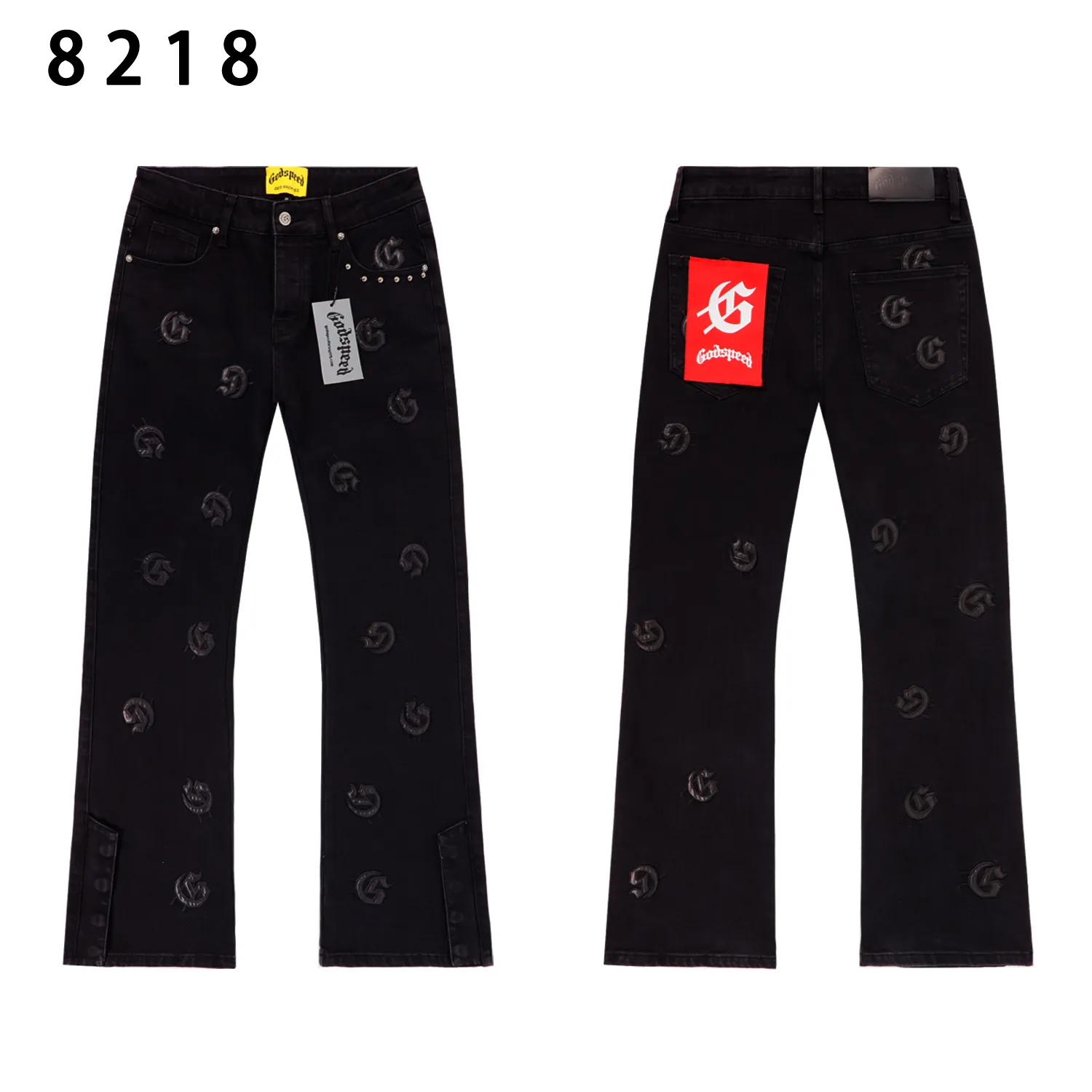 236💰Model No.: 8218 Fabric: Denim Real stock Godspeed embroidered denim trousers, loose trendy brand denim bootcut trousers Color: black denim blue (smoke ash not out) Size 28 (S) 30 (M) 32 (L) 34 (XL) 36 (XXL) 38 (XXXL)