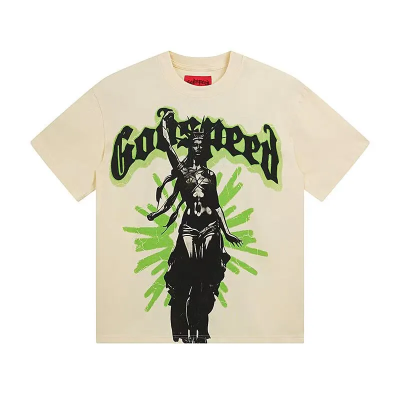 5037#White/Apricot｜P104 Godspeed cross-border American rock and roll street washed retro style short-sleeved T (craft printing) fabric (fabric): 32-count combed double yarn 240 grams weight code number (size): S-M-L-XL color (colour): white, apricot,