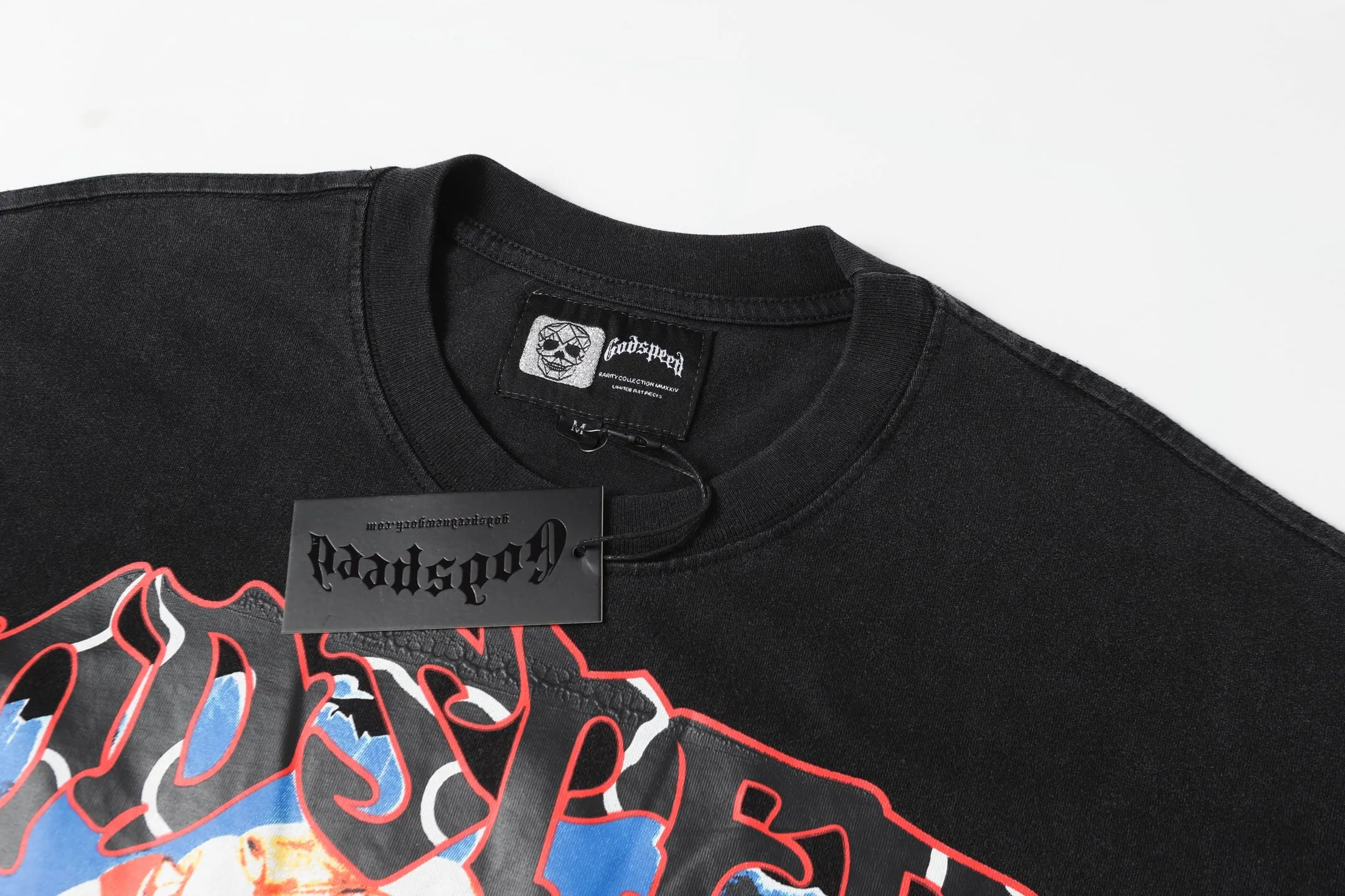 6036# Washed Black｜P116 Godspeed cross-border American rock and roll street washed retro style short-sleeved T (craft print) Fabric (fabric): 32 count combed double yarn 250 grams weight Size (size): S-M-L-XL Color (colour): Washed black 👉