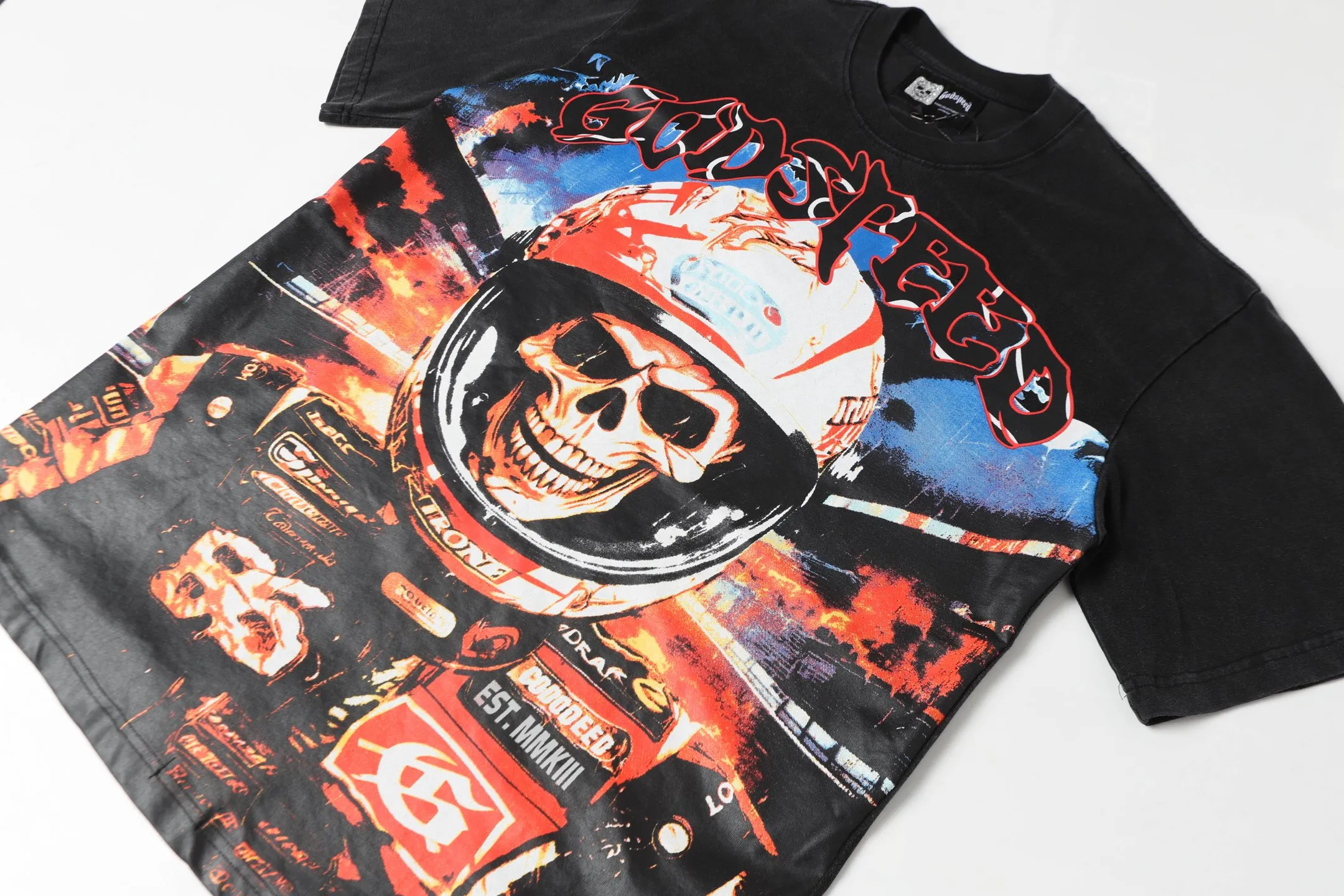6036# Washed Black｜P116 Godspeed cross-border American rock and roll street washed retro style short-sleeved T (craft print) Fabric (fabric): 32 count combed double yarn 250 grams weight Size (size): S-M-L-XL Color (colour): Washed black 👉