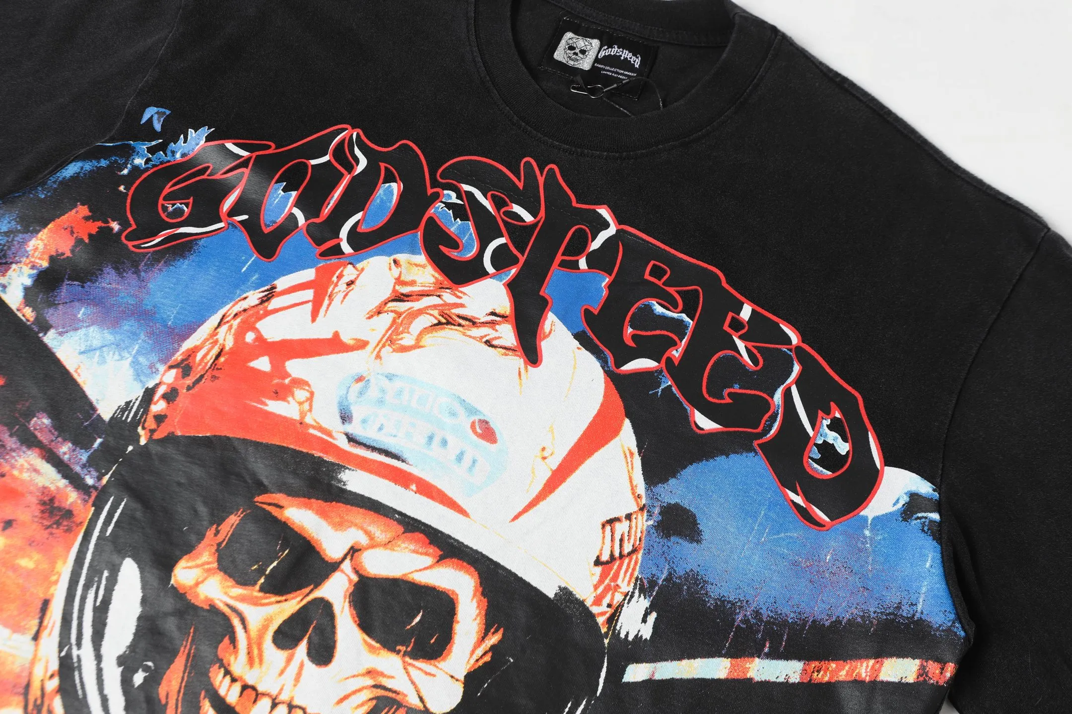 6036# Washed Black｜P116 Godspeed cross-border American rock and roll street washed retro style short-sleeved T (craft print) Fabric (fabric): 32 count combed double yarn 250 grams weight Size (size): S-M-L-XL Color (colour): Washed black 👉
