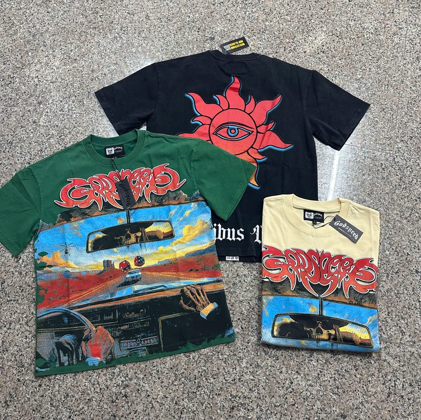 6311# Washed postal green Washed black I P116 Real stock (American fashion niche) Godspeed cross-border American rock street washed retro style short-sleeved T (craft printing) Fabric (fabric): 32 counts combed double yarn 250 grams weight Size (size): S-M-L-XL Color (colour): Washed black Washed green