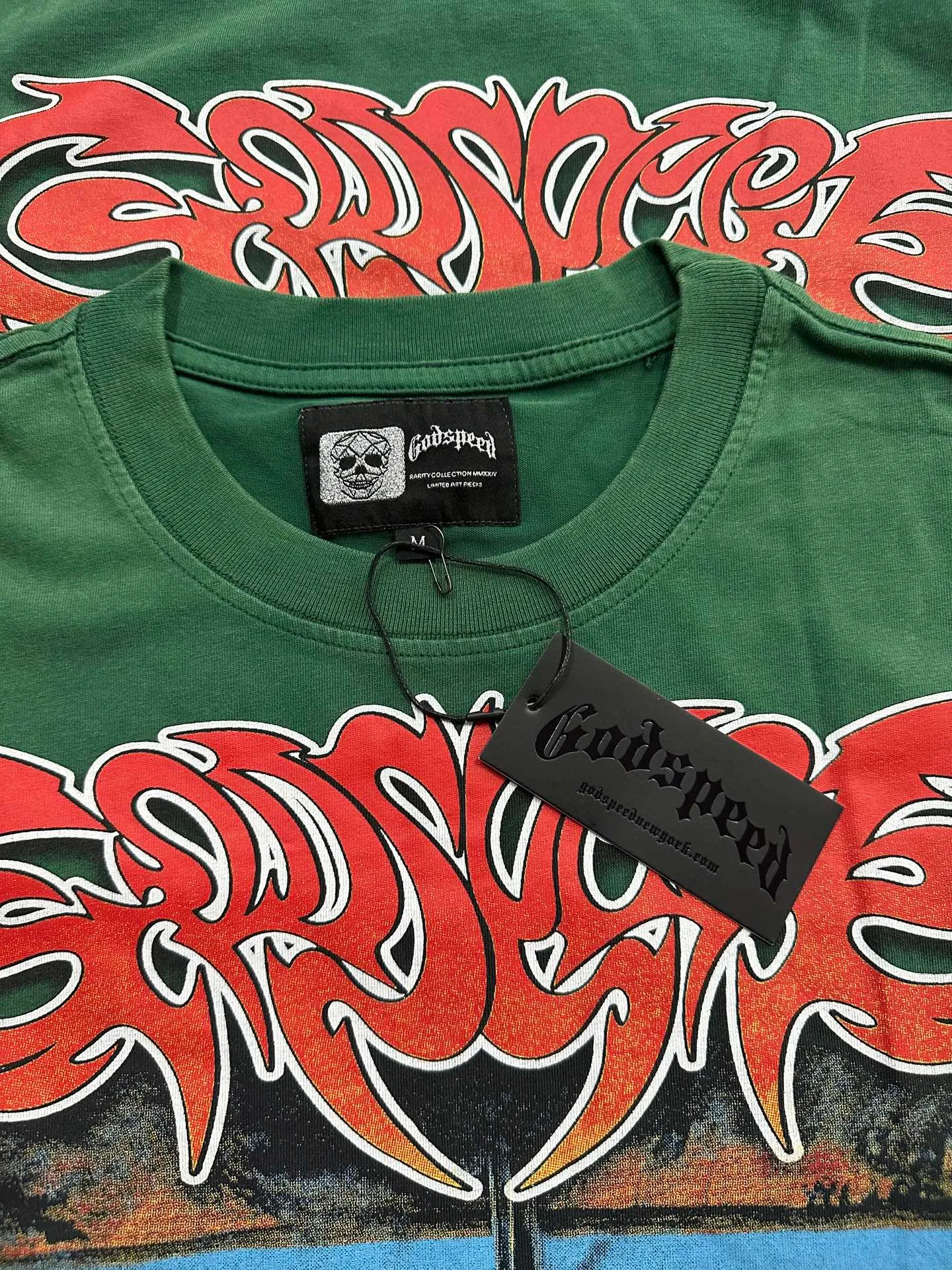 6311# Washed postal green Washed black I P116 Real stock (American fashion niche) Godspeed cross-border American rock street washed retro style short-sleeved T (craft printing) Fabric (fabric): 32 counts combed double yarn 250 grams weight Size (size): S-M-L-XL Color (colour): Washed black Washed green
