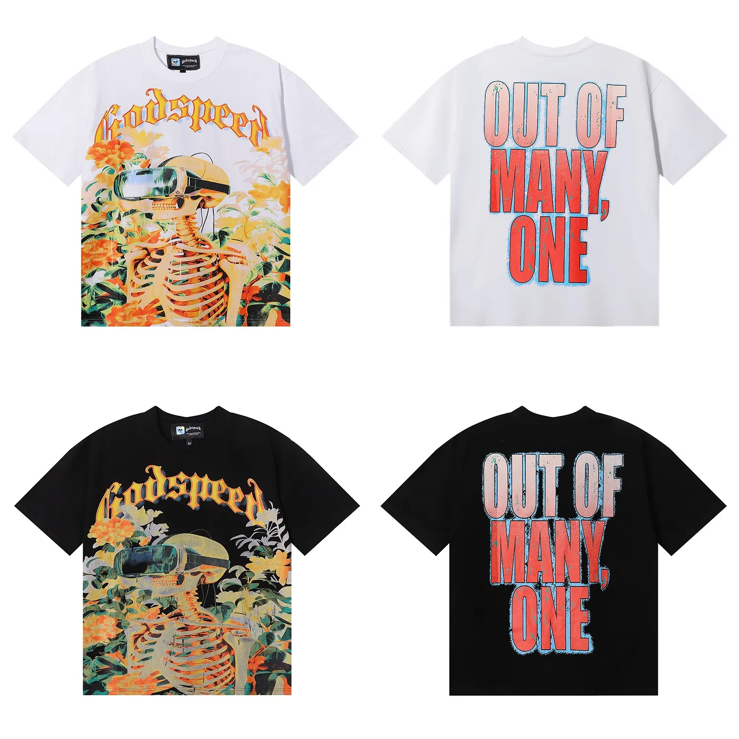 No. 7029, Mechao Godspeed VR glasses skull small fresh print high weight double yarn pure cotton casual short-sleeved T-shirt batch 110 Color: black, white; Size: S M L XL