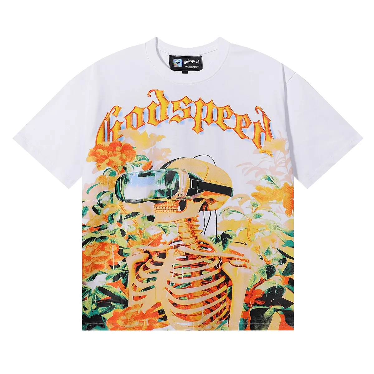 No. 7029, Mechao Godspeed VR glasses skull small fresh print high weight double yarn pure cotton casual short-sleeved T-shirt batch 110 Color: black, white; Size: S M L XL