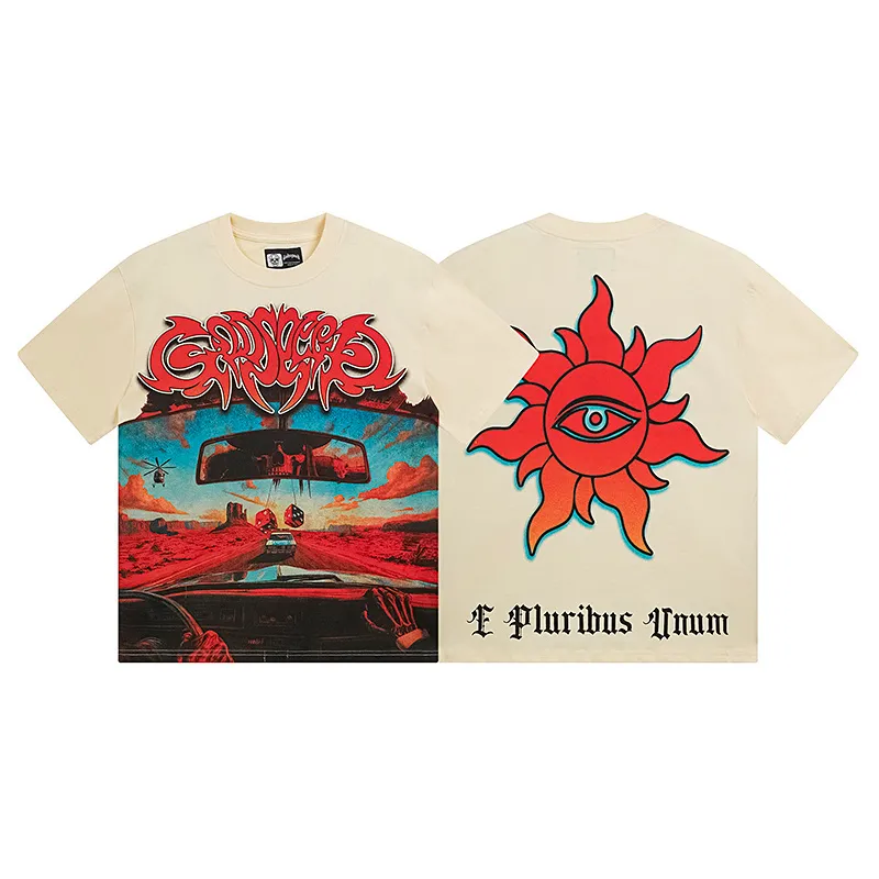 3137# P106 Real shot Godspeed American fashion rock street retro loose printed cotton short sleeves Fabric: 240g 32 count fine cotton double yarn pure cotton Color: apricot Size: S M L XL