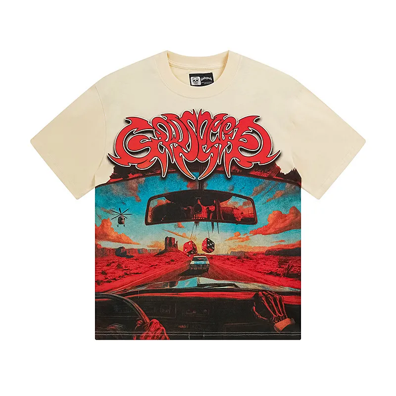 3137# P106 Real shot Godspeed American fashion rock street retro loose printed cotton short sleeves Fabric: 240g 32 count fine cotton double yarn pure cotton Color: apricot Size: S M L XL