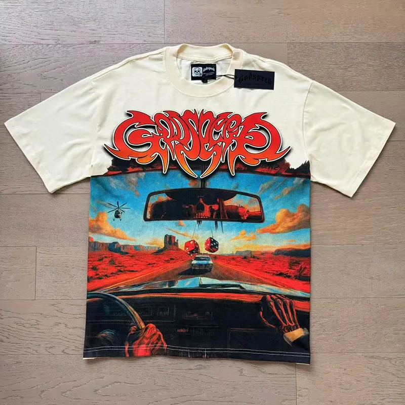 3137# P106 Real shot Godspeed American fashion rock street retro loose printed cotton short sleeves Fabric: 240g 32 count fine cotton double yarn pure cotton Color: apricot Size: S M L XL