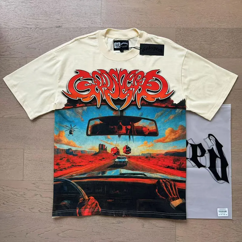 3137# P106 Real shot Godspeed American fashion rock street retro loose printed cotton short sleeves Fabric: 240g 32 count fine cotton double yarn pure cotton Color: apricot Size: S M L XL
