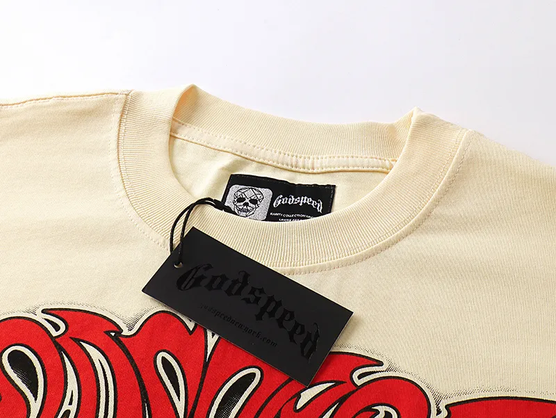 3137# P106 Real shot Godspeed American fashion rock street retro loose printed cotton short sleeves Fabric: 240g 32 count fine cotton double yarn pure cotton Color: apricot Size: S M L XL