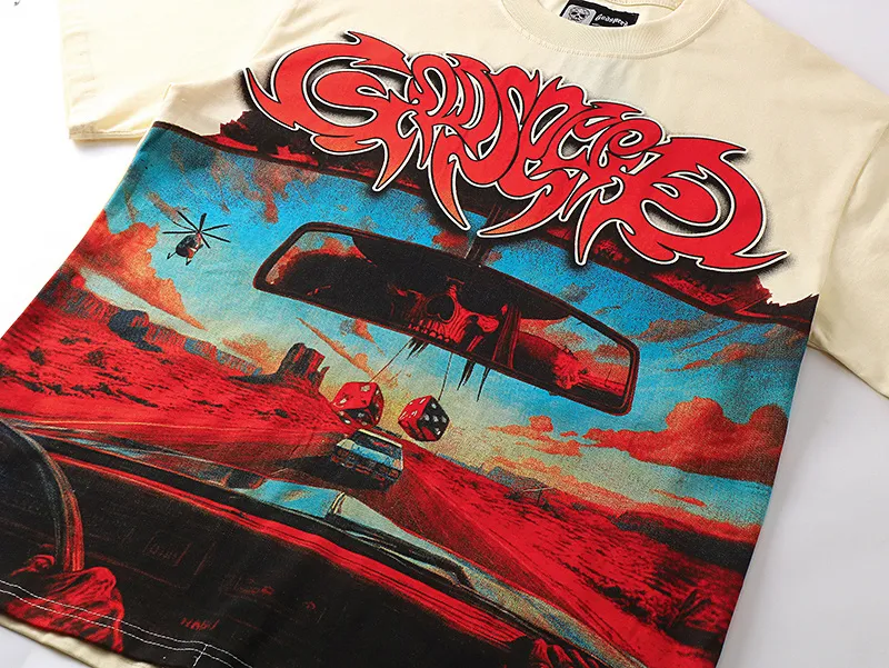 3137# P106 Real shot Godspeed American fashion rock street retro loose printed cotton short sleeves Fabric: 240g 32 count fine cotton double yarn pure cotton Color: apricot Size: S M L XL