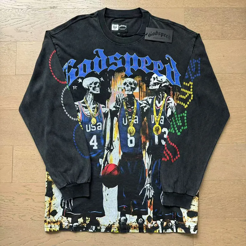 1106# P160 Washed Black Real Shot Godspeed American Fashion Rock Street Retro Washed Distressed Printed Pure Cotton Short Sleeves Fabric: 270g 32 Count Fine Cotton Double Yarn Pure Cotton Color: Washed Black Size: S M L XL