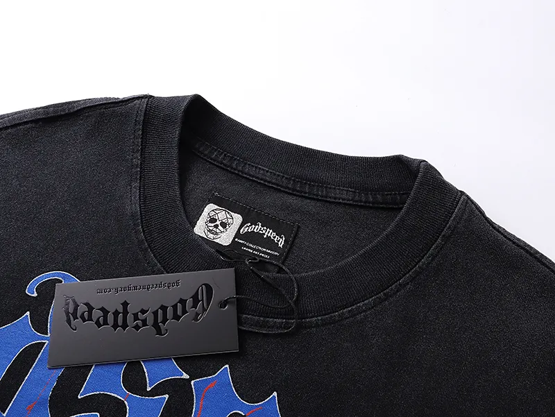 1106# P160 Washed Black Real Shot Godspeed American Fashion Rock Street Retro Washed Distressed Printed Pure Cotton Short Sleeves Fabric: 270g 32 Count Fine Cotton Double Yarn Pure Cotton Color: Washed Black Size: S M L XL