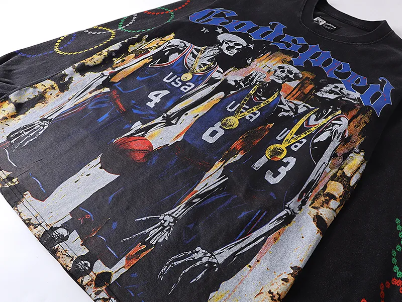 1106# P160 Washed Black Real Shot Godspeed American Fashion Rock Street Retro Washed Distressed Printed Pure Cotton Short Sleeves Fabric: 270g 32 Count Fine Cotton Double Yarn Pure Cotton Color: Washed Black Size: S M L XL