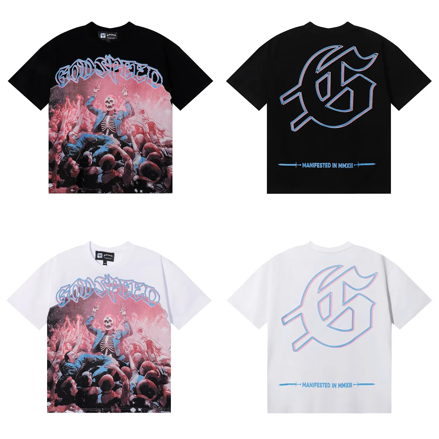 No. 7056, American fashion Godspeed skull surrounded by crowd print high quality double yarn pure cotton casual short-sleeved T-shirt batch 110 Color: black, white; Size: S M L XL