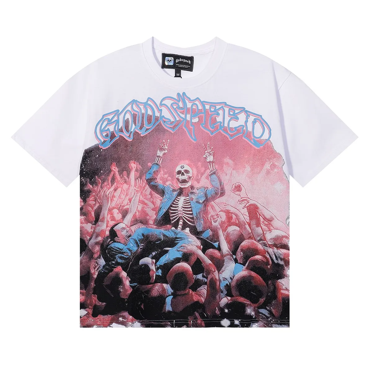 No. 7056, American fashion Godspeed skull surrounded by crowd print high quality double yarn pure cotton casual short-sleeved T-shirt batch 110 Color: black, white; Size: S M L XL