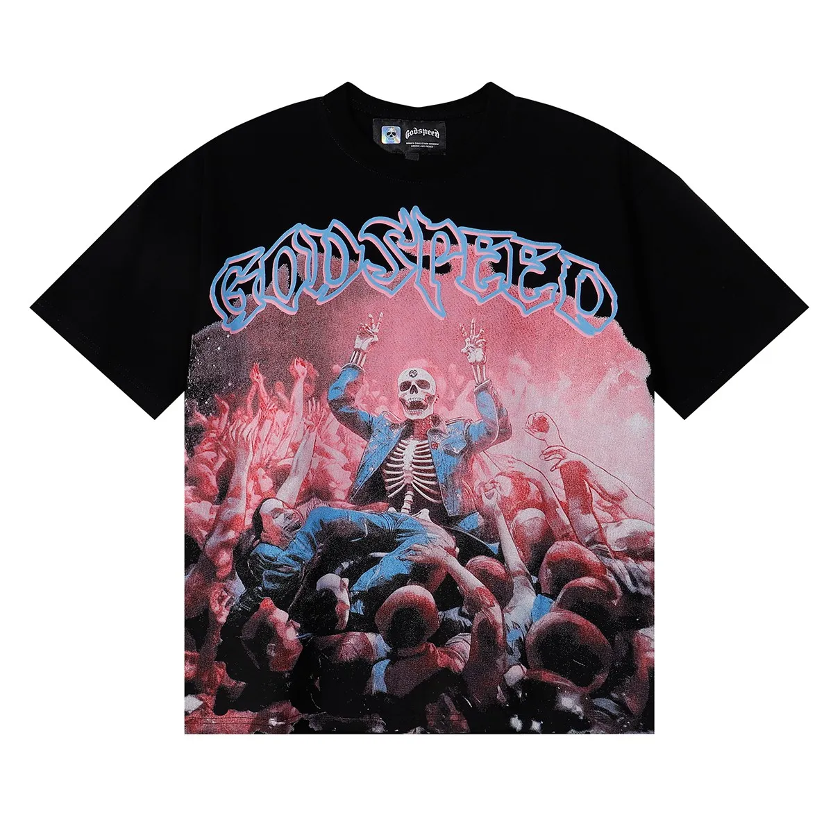 No. 7056, American fashion Godspeed skull surrounded by crowd print high quality double yarn pure cotton casual short-sleeved T-shirt batch 110 Color: black, white; Size: S M L XL