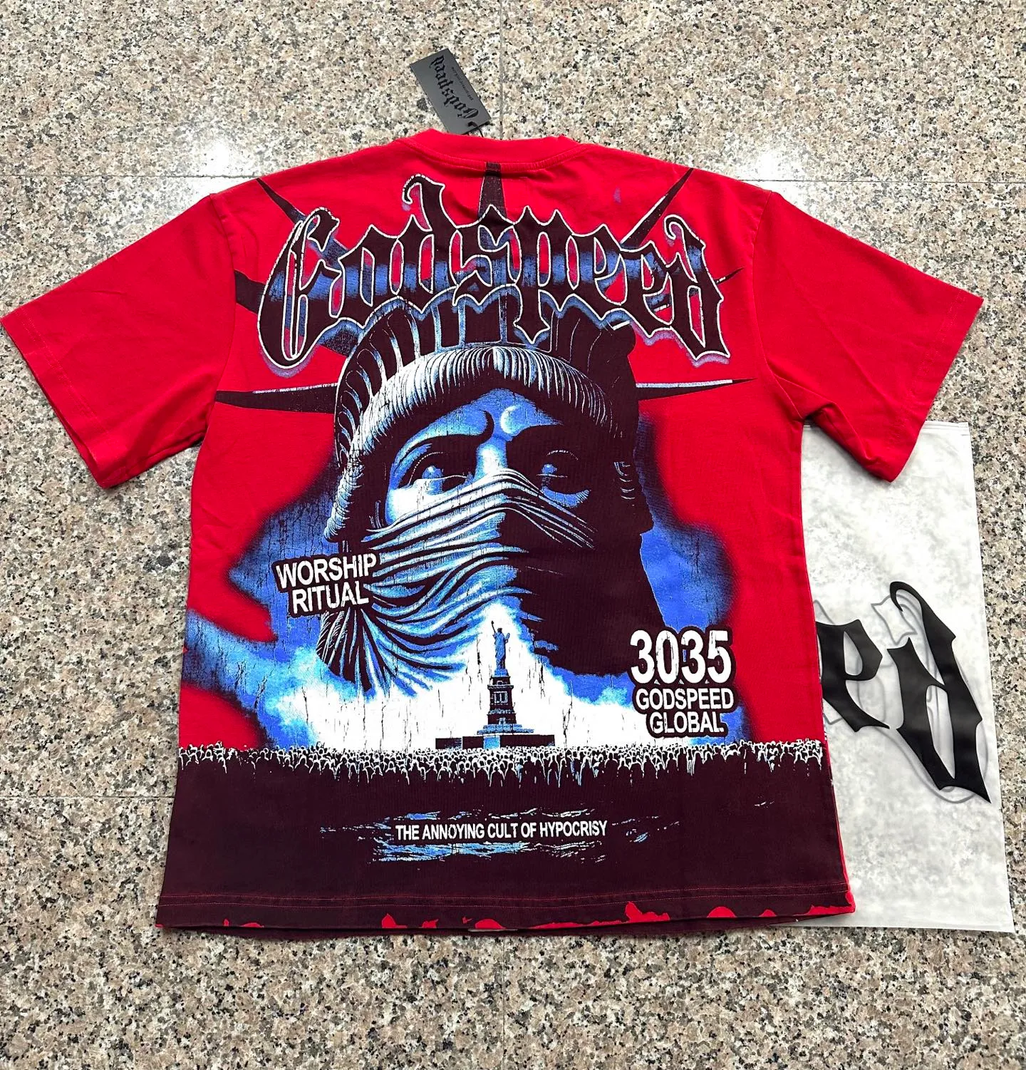 6138# Washed red/washed black I P116 Real stock (American fashion niche) Godspeed cross-border American rock and roll street washed retro style short-sleeved T (craft printing) Fabric (fabric): 32 counts combed double yarn 250 grams weight Size (size): S-M-L-XL Color (colour): washed black/washed Chinese red
