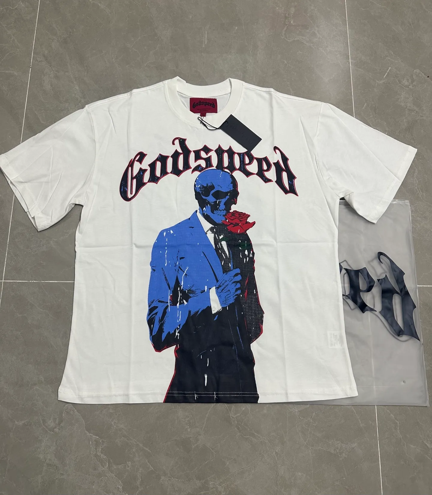 52💰5021# White I Additional color: White Godspeed cross-border American rock and roll street washed retro style short-sleeved T (craft print) Fabric (fabric): 32-count combed double yarn 240 grams weight Size (size): S-M-L-XL Color (colour): white, 👉