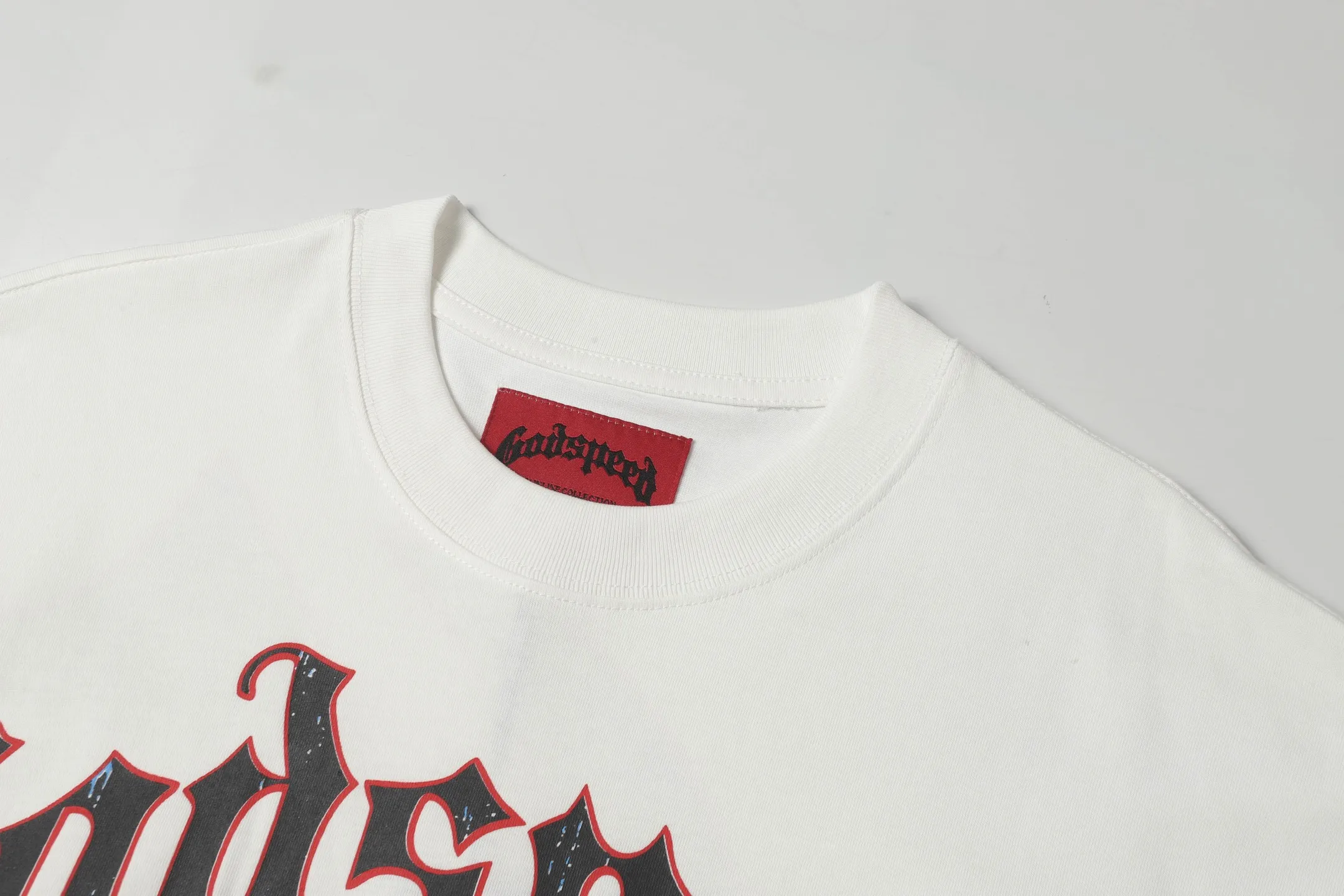52💰5021# White I Additional color: White Godspeed cross-border American rock and roll street washed retro style short-sleeved T (craft print) Fabric (fabric): 32-count combed double yarn 240 grams weight Size (size): S-M-L-XL Color (colour): white, 👉
