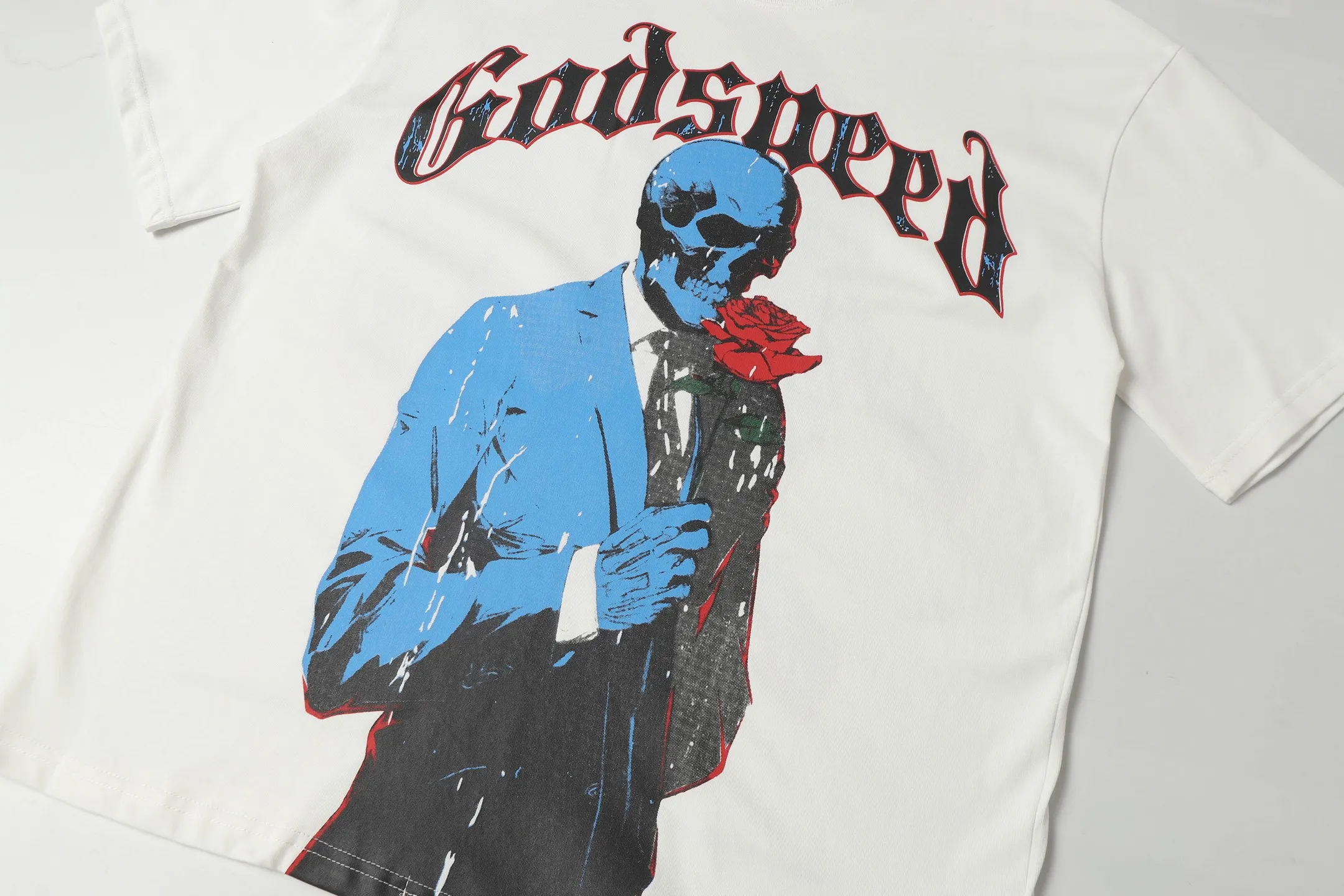 52💰5021# White I Additional color: White Godspeed cross-border American rock and roll street washed retro style short-sleeved T (craft print) Fabric (fabric): 32-count combed double yarn 240 grams weight Size (size): S-M-L-XL Color (colour): white, 👉