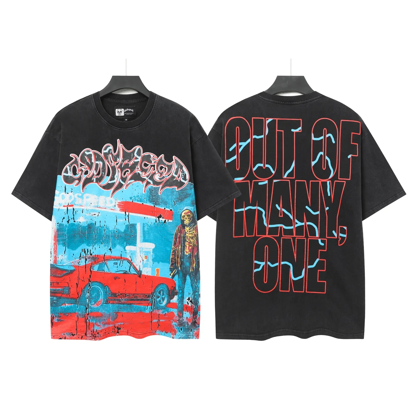 6006% washed black｜P116 Godspeed cross-border American rock and roll street washed retro style short-sleeved T (craft printing) fabric (fabric): 32-count combed double yarn 250g weight size (size): S-M-L-XL color (colour): washed black