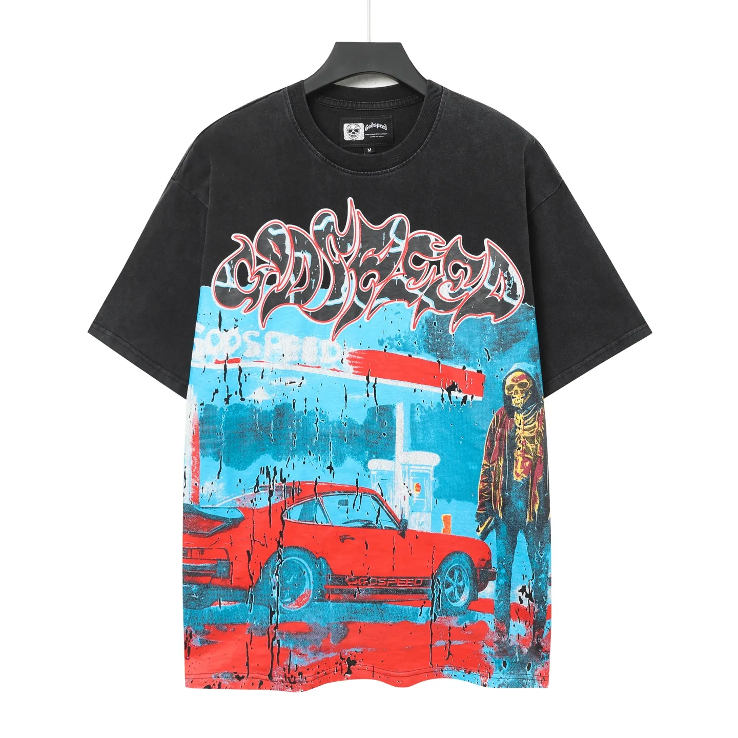 6006% washed black｜P116 Godspeed cross-border American rock and roll street washed retro style short-sleeved T (craft printing) fabric (fabric): 32-count combed double yarn 250g weight size (size): S-M-L-XL color (colour): washed black