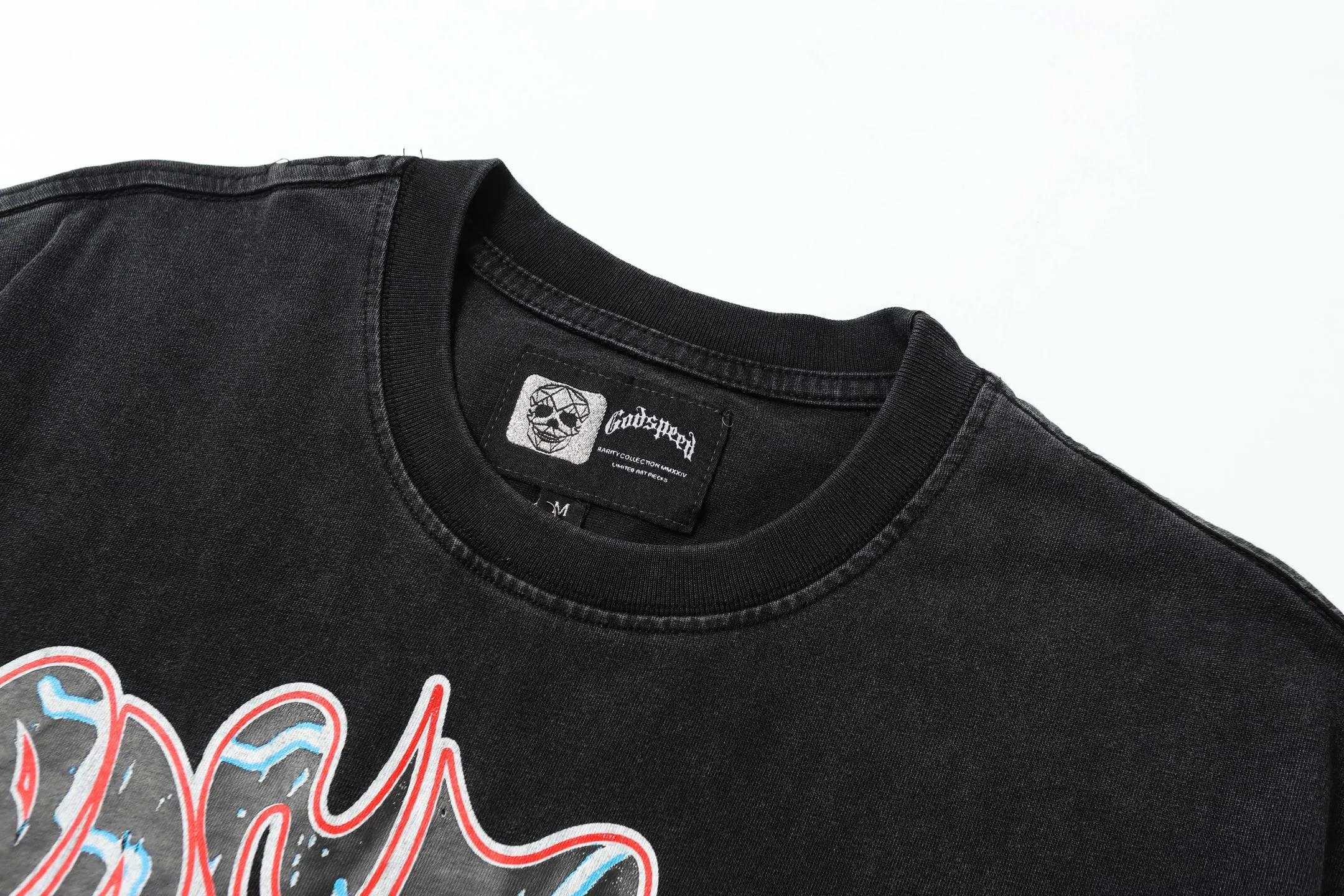 6006% washed black｜P116 Godspeed cross-border American rock and roll street washed retro style short-sleeved T (craft printing) fabric (fabric): 32-count combed double yarn 250g weight size (size): S-M-L-XL color (colour): washed black