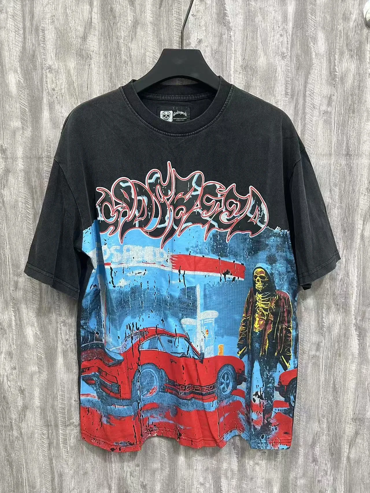 6006% washed black｜P116 Godspeed cross-border American rock and roll street washed retro style short-sleeved T (craft printing) fabric (fabric): 32-count combed double yarn 250g weight size (size): S-M-L-XL color (colour): washed black