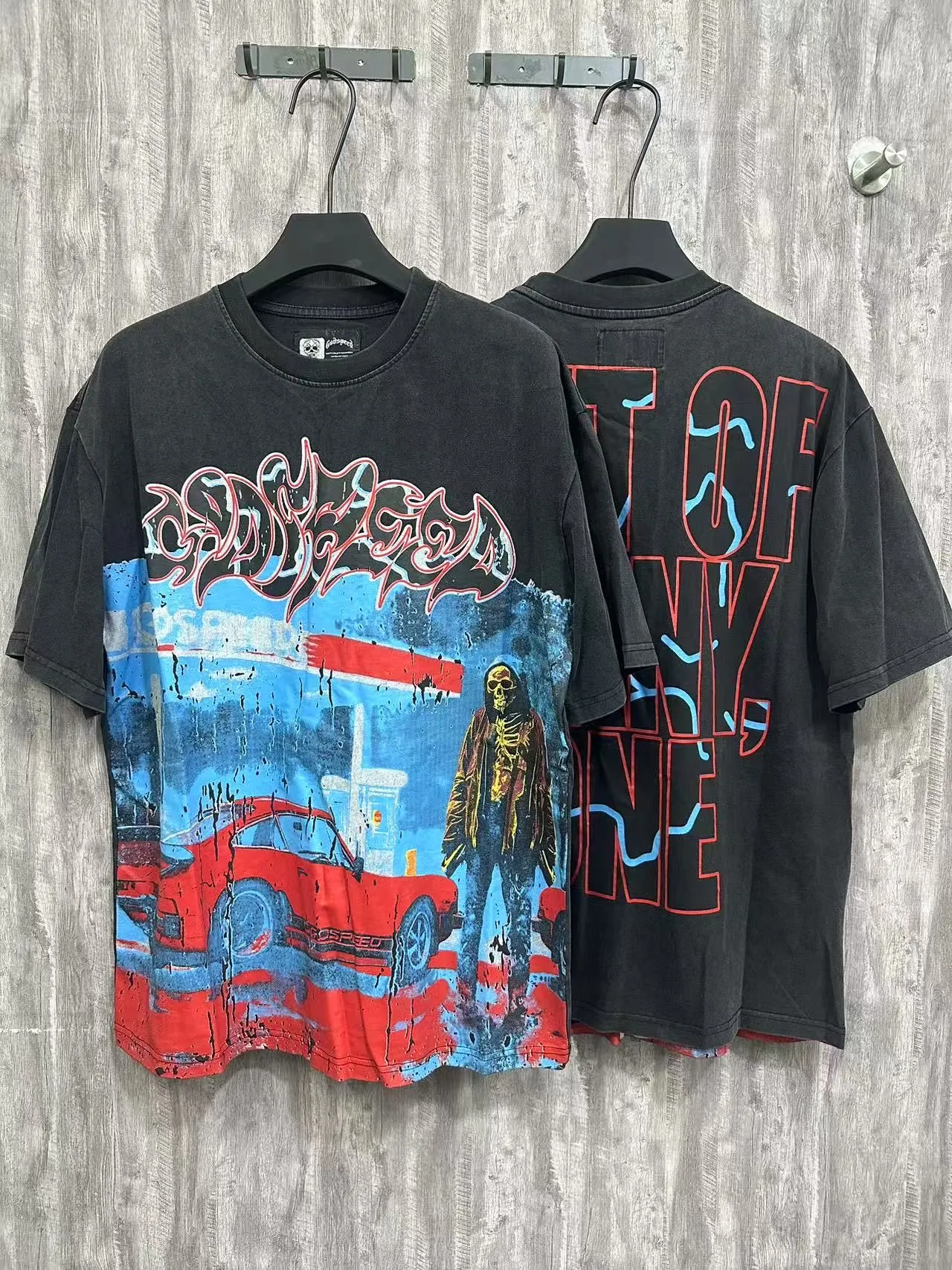 6006% washed black｜P116 Godspeed cross-border American rock and roll street washed retro style short-sleeved T (craft printing) fabric (fabric): 32-count combed double yarn 250g weight size (size): S-M-L-XL color (colour): washed black