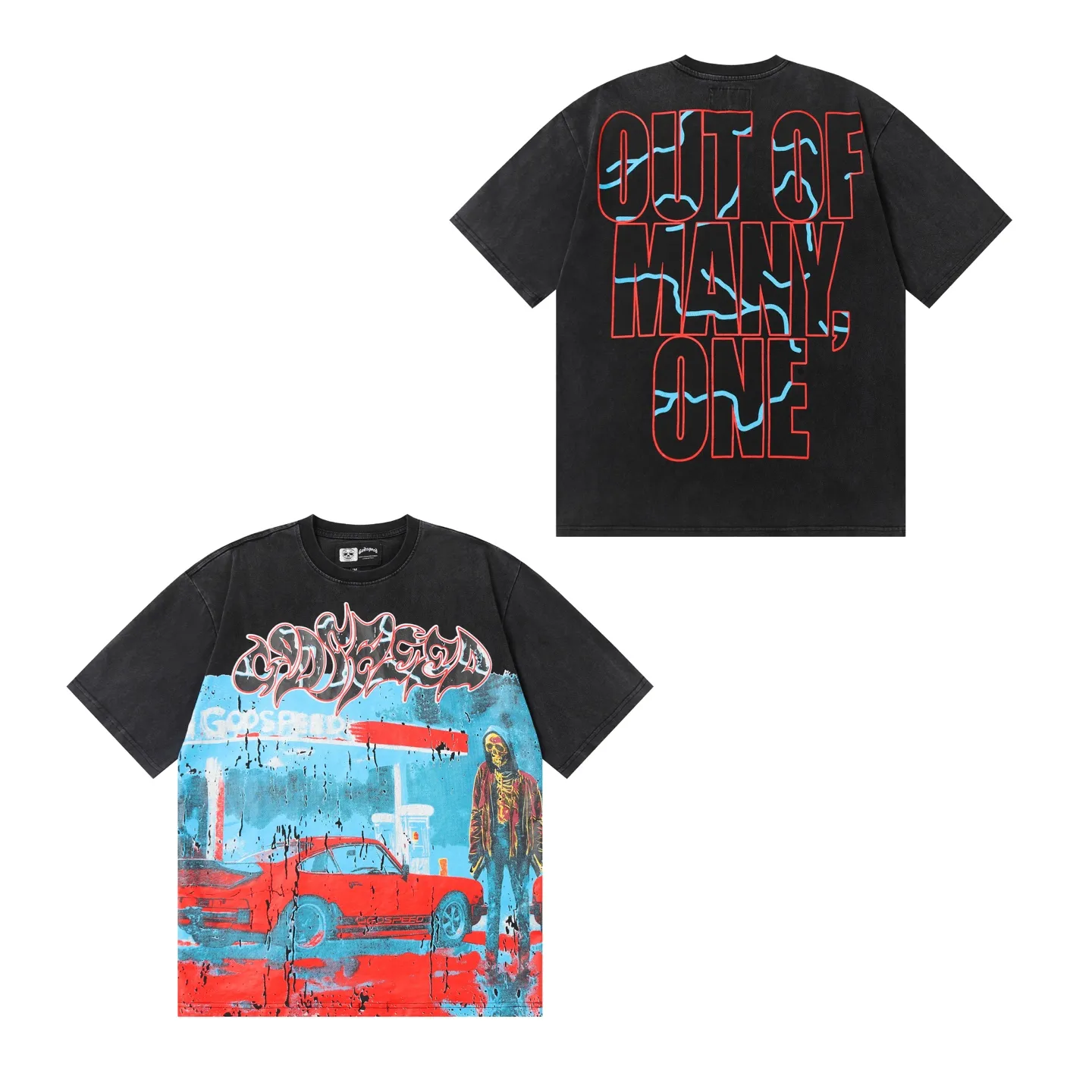6006% washed black｜P116 Godspeed cross-border American rock and roll street washed retro style short-sleeved T (craft printing) fabric (fabric): 32-count combed double yarn 250g weight size (size): S-M-L-XL color (colour): washed black