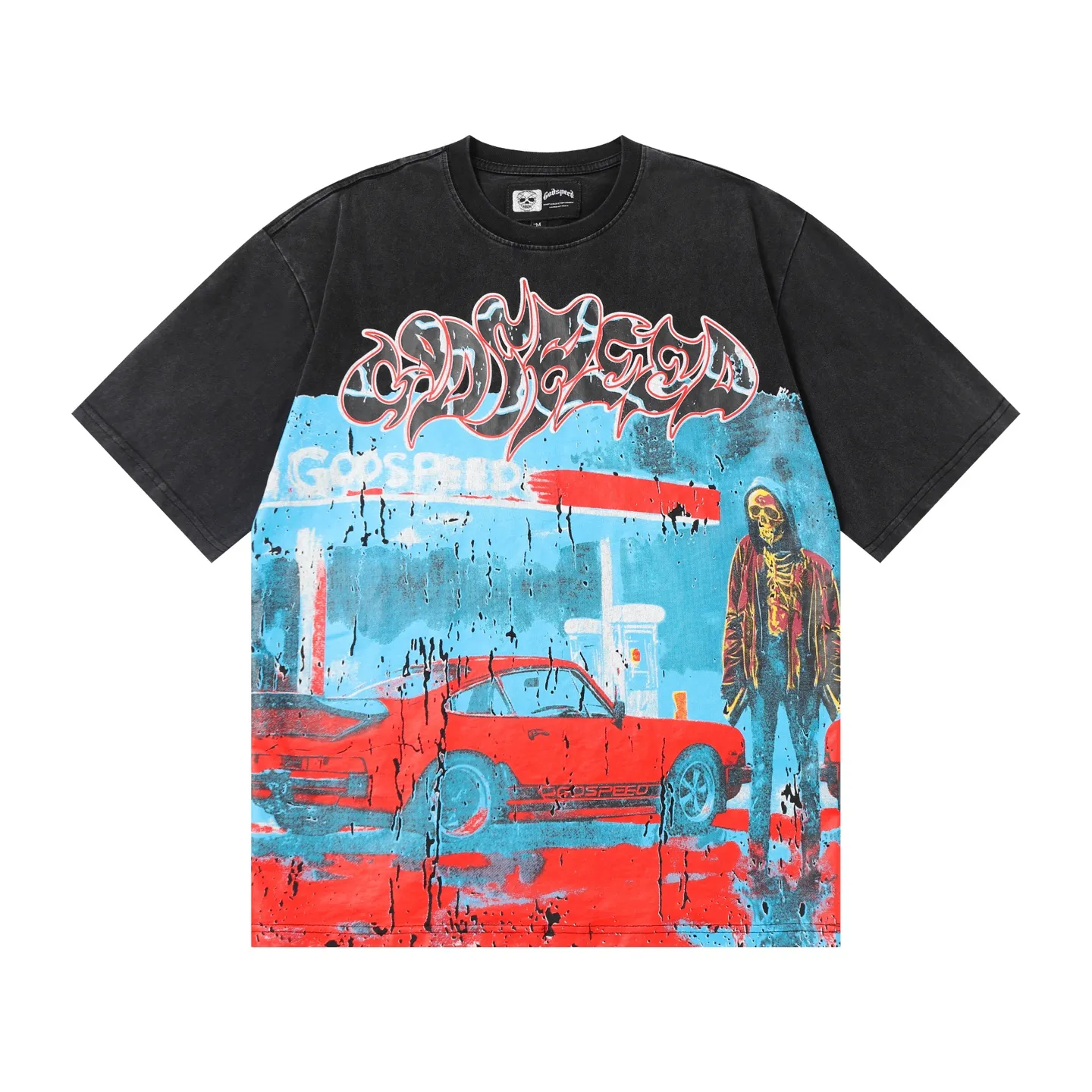 6006% washed black｜P116 Godspeed cross-border American rock and roll street washed retro style short-sleeved T (craft printing) fabric (fabric): 32-count combed double yarn 250g weight size (size): S-M-L-XL color (colour): washed black