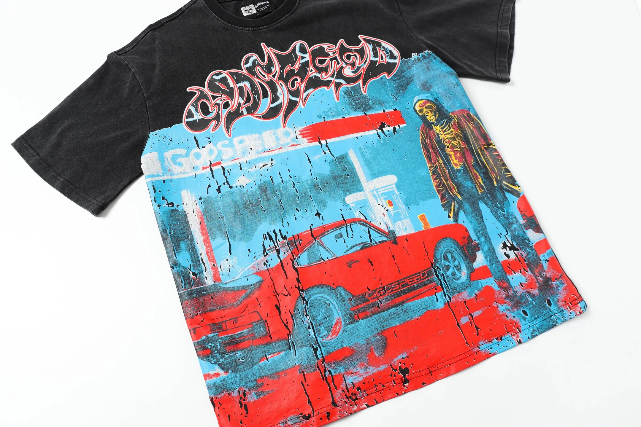6006% washed black｜P116 Godspeed cross-border American rock and roll street washed retro style short-sleeved T (craft printing) fabric (fabric): 32-count combed double yarn 250g weight size (size): S-M-L-XL color (colour): washed black