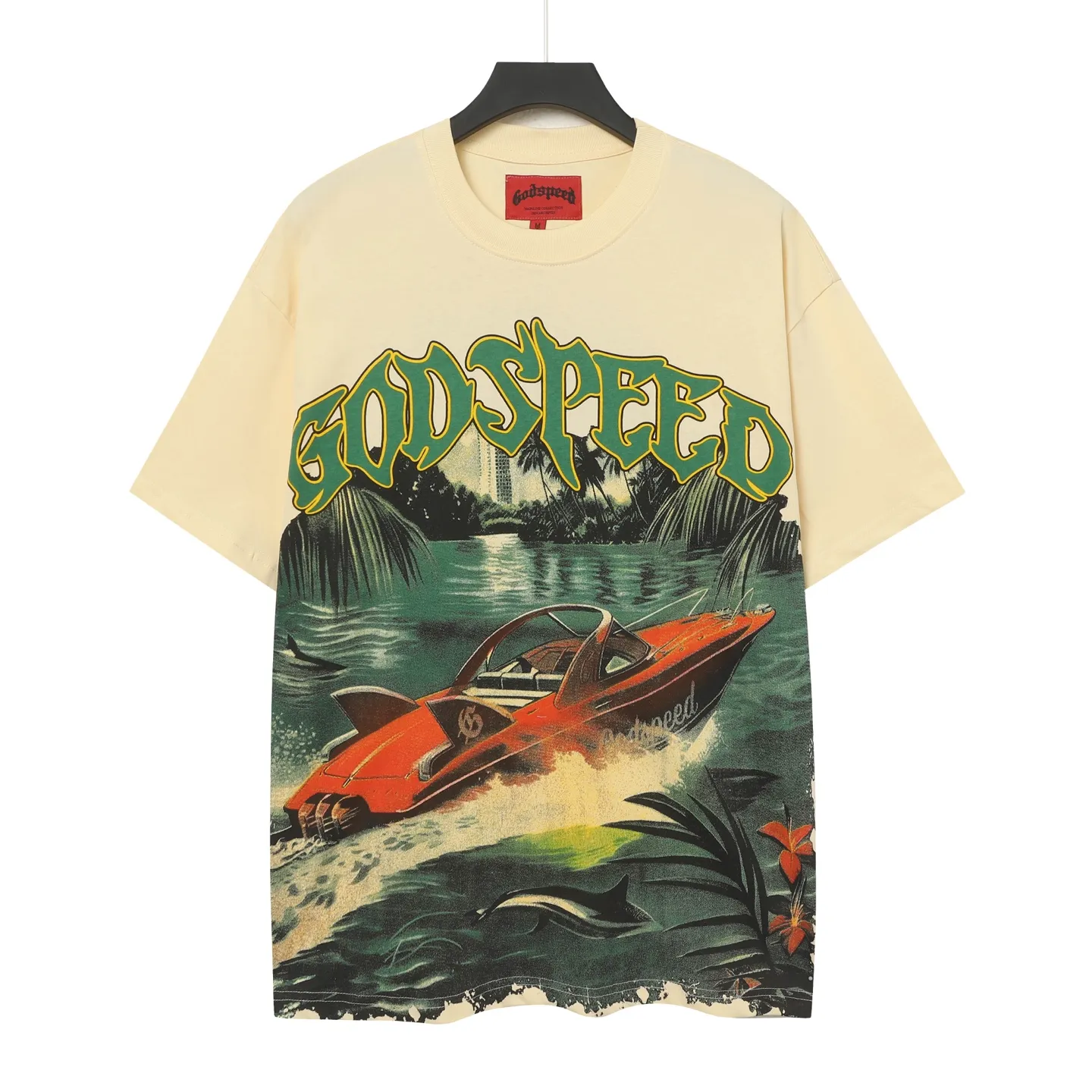 5047#Apricot｜P104 Godspeed cross-border American rock and roll street washed retro style short-sleeved T (craft printing) fabric (fabric) 32-count combed double yarn 240 grams weight code number (size): S-M-L-XL color (colour): apricot