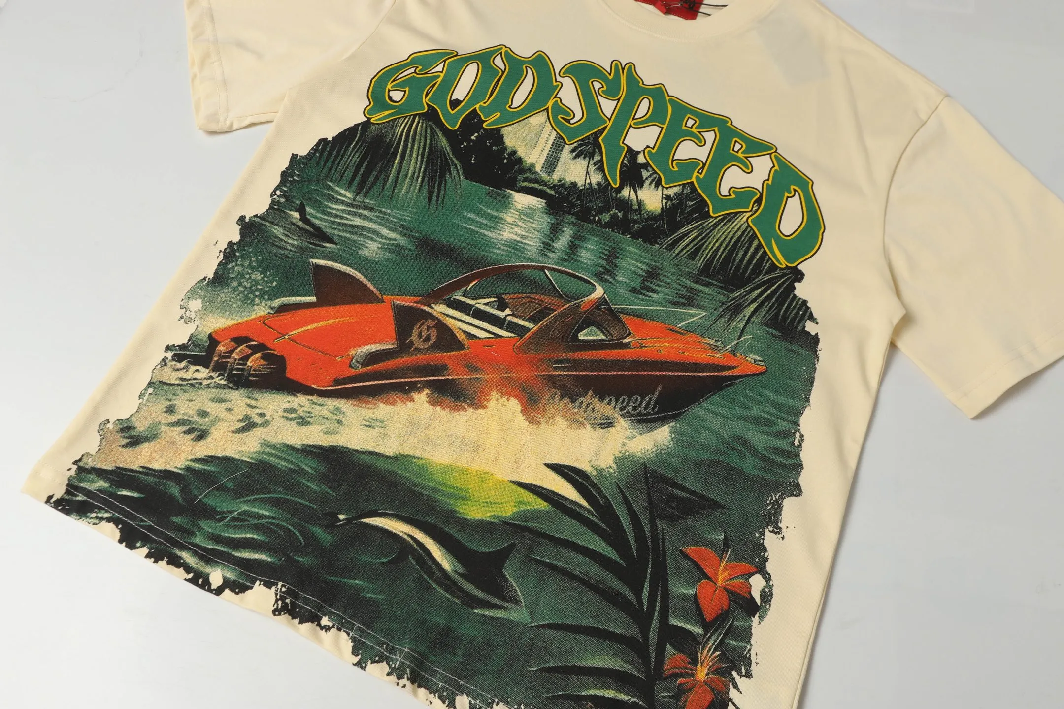 5047#Apricot｜P104 Godspeed cross-border American rock and roll street washed retro style short-sleeved T (craft printing) fabric (fabric) 32-count combed double yarn 240 grams weight code number (size): S-M-L-XL color (colour): apricot