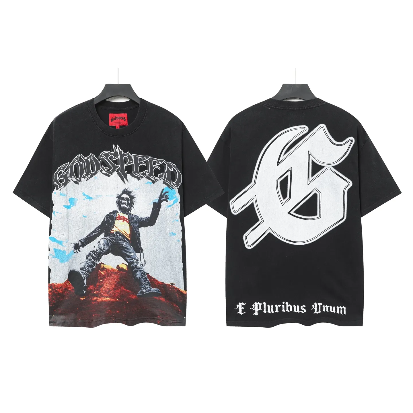 6059#washed black｜P116 Godspeed cross-border American rock and roll street washed retro style short-sleeved T (craft printing) fabric (fabric): 32 count combed double yarn 250g weight code number (size): S-M-L-XL color (colour): washed black