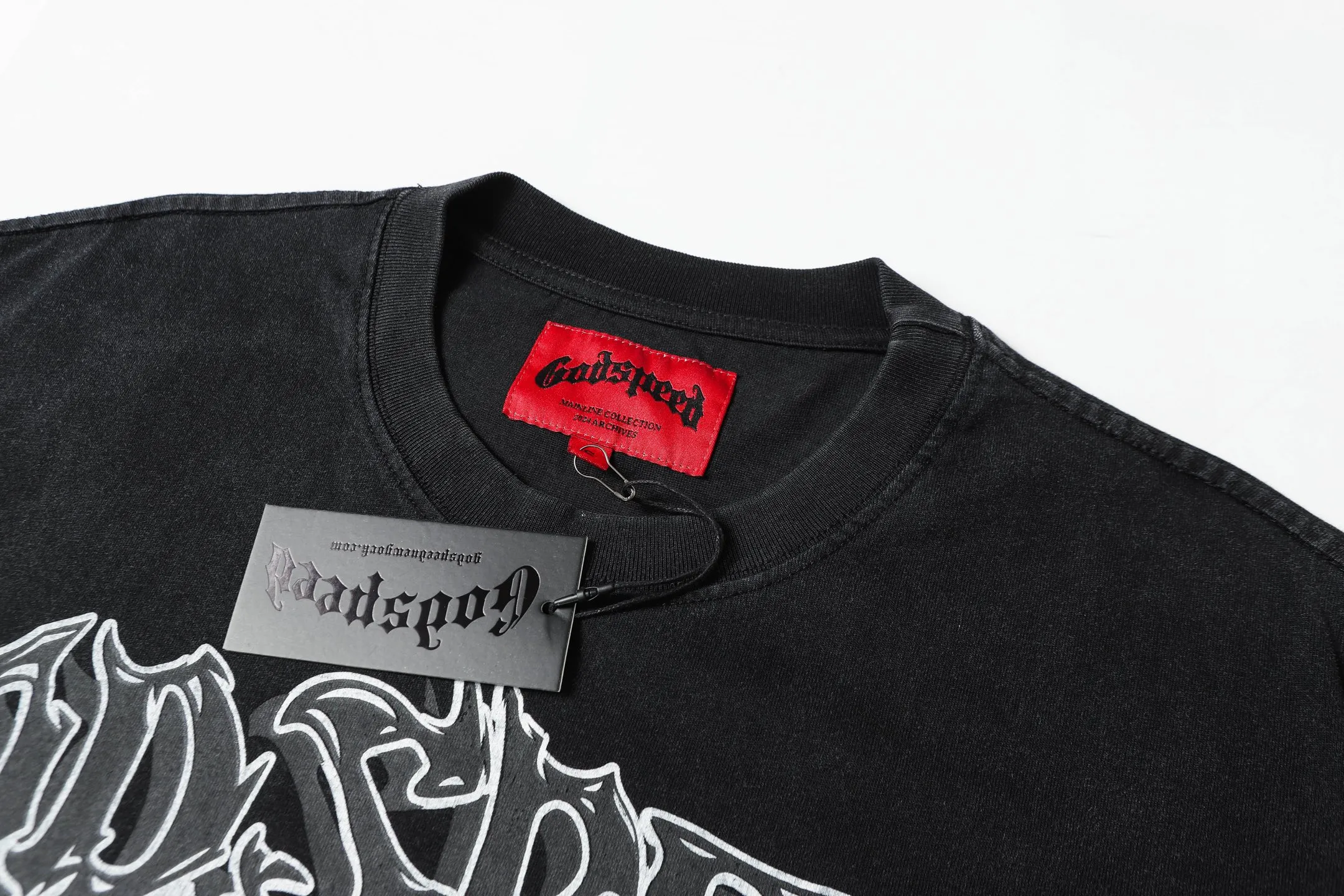 6059#washed black｜P116 Godspeed cross-border American rock and roll street washed retro style short-sleeved T (craft printing) fabric (fabric): 32 count combed double yarn 250g weight code number (size): S-M-L-XL color (colour): washed black