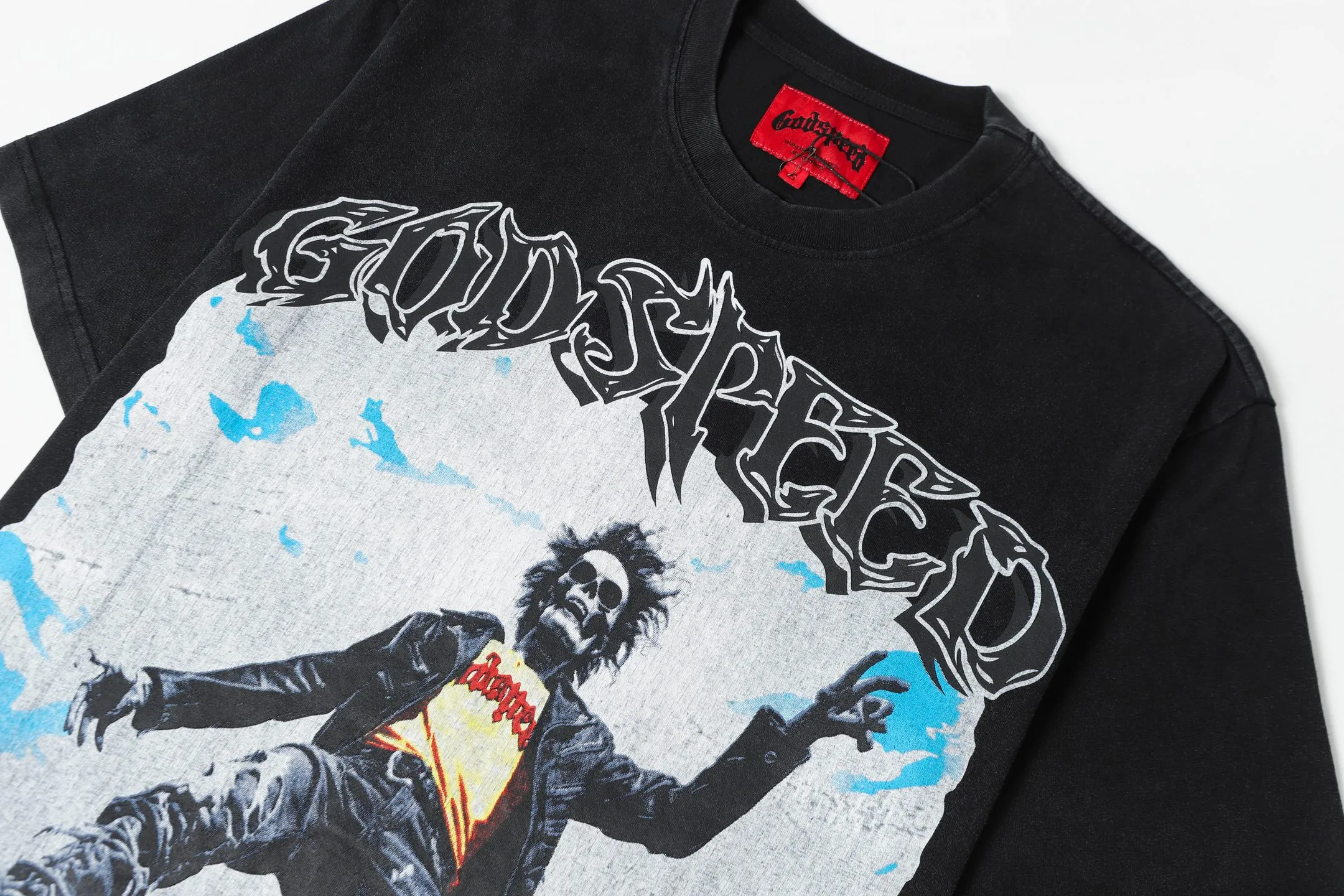6059#washed black｜P116 Godspeed cross-border American rock and roll street washed retro style short-sleeved T (craft printing) fabric (fabric): 32 count combed double yarn 250g weight code number (size): S-M-L-XL color (colour): washed black