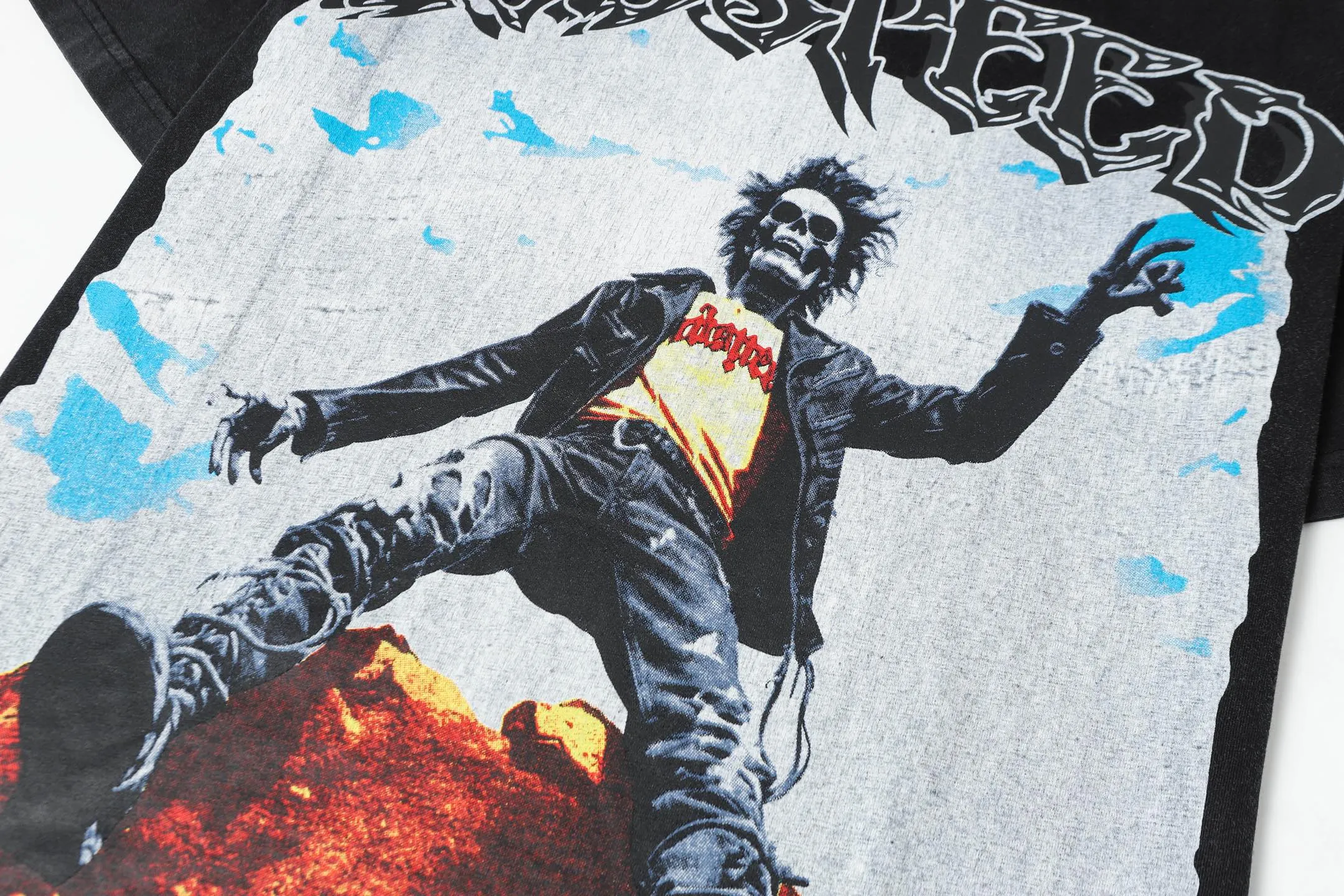 6059#washed black｜P116 Godspeed cross-border American rock and roll street washed retro style short-sleeved T (craft printing) fabric (fabric): 32 count combed double yarn 250g weight code number (size): S-M-L-XL color (colour): washed black