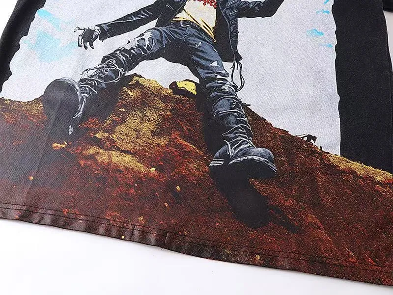 6059#washed black｜P116 Godspeed cross-border American rock and roll street washed retro style short-sleeved T (craft printing) fabric (fabric): 32 count combed double yarn 250g weight code number (size): S-M-L-XL color (colour): washed black