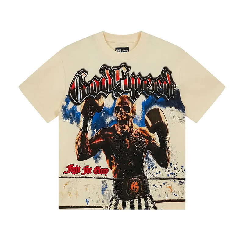 3160# P106 Real shot Godspeed American fashion rock street retro loose printed cotton short sleeves Fabric: 240g 32 count fine cotton double yarn pure cotton Color: apricot Size: S M L XL