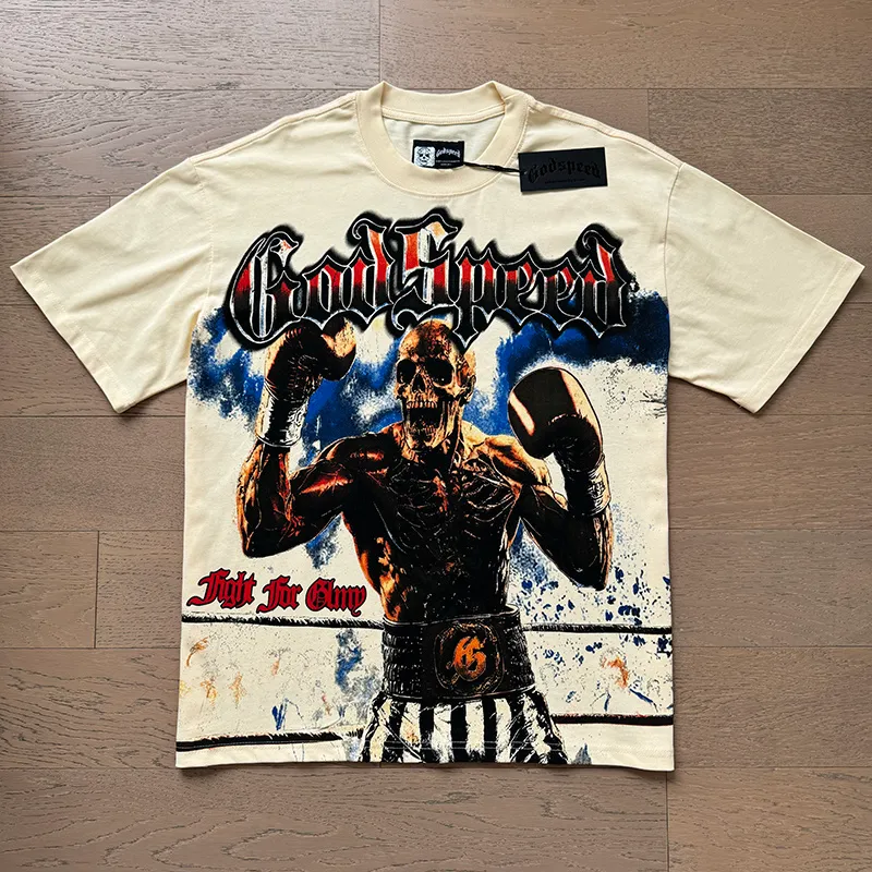 3160# P106 Real shot Godspeed American fashion rock street retro loose printed cotton short sleeves Fabric: 240g 32 count fine cotton double yarn pure cotton Color: apricot Size: S M L XL